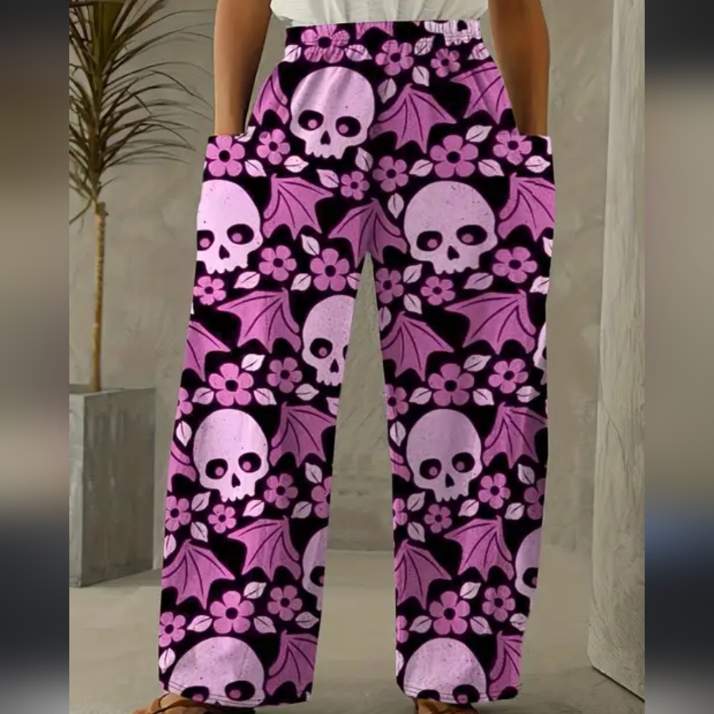 Floral Bat Skull Lightweight Wideleg Scrub Pants XXL